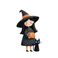 Creative Halloween costume of young witch with pumpkin and cat on a transparent background, cut out.