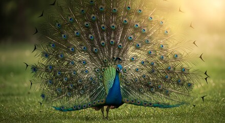 Majestic Peacock Displaying Feathers in a Lush Green Field