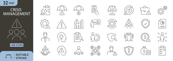 Crisis Management icons set. Includes icons for alert, warning, rescue, safety, and recovery. Editable stroke. Line icons. Perfect for infographics, emergency, and business continuity.