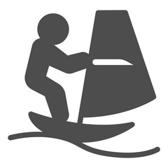 Surfer man on warter wave solid icon, summer sports concept. Vector graphics. Athlete man on a surfboard with sail, sport sign on white background, glyph style icon of mobile or web design.