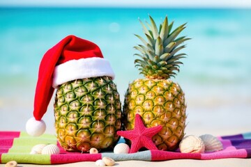 Two pineapples with red Christmas hats lie on a colorful beach towel near the sea. Bright seashells and starfish decorate the sand around them