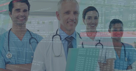 Standing medics in scrubs and lab coats reviewing code overlay in hall with tablet and stethoscopes