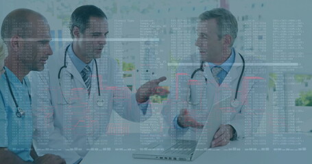 Analyzing data, three doctors in lab attire meeting in conference room with laptop and stethoscopes