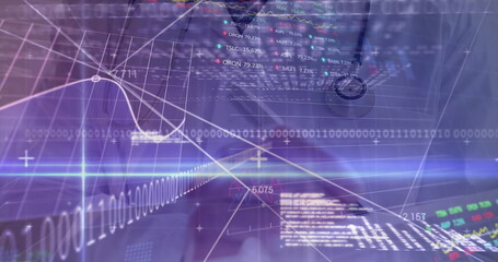 Displaying analytics interface overlaying computer screen, with binary streams and ticker symbols
