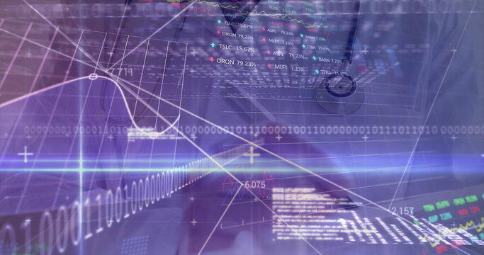 Displaying analytics interface overlaying computer screen, with binary streams and ticker symbols