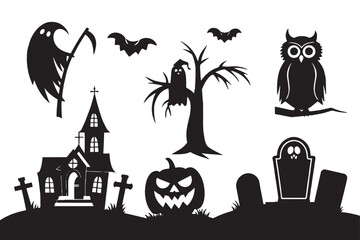 Halloween Grim Reaper, Haunted House, Pumpkin, Owl and Graveyard Silhouette Illustration