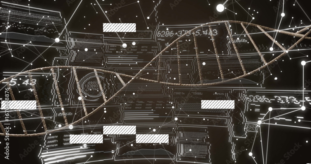 Aufkleber winding glowing dna double helix spiraling across virtual data network, with circuit board traces