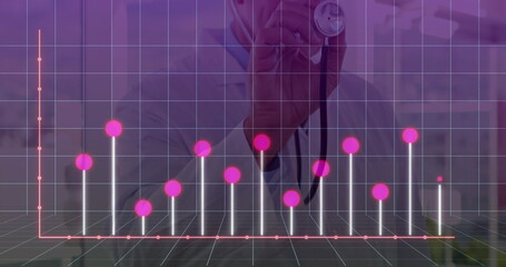 Holding stethoscope, male doctor analyzing bar chart overlay with coral data line in exam room