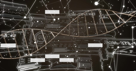 Winding glowing DNA double helix spiraling across virtual data network, with circuit board traces