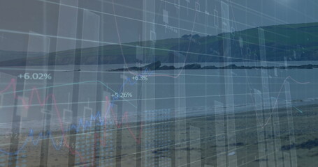 Financial chart overlay displaying bar, candlestick  and  line graphs on beach, with grid, % labels