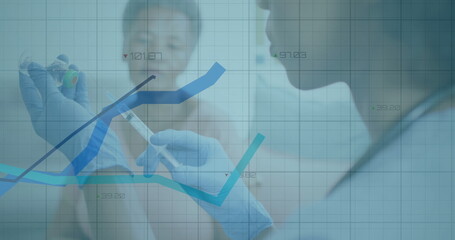 Gloved nurse in scrubs drawing from vial into syringe at clinic, with chart overlays, copy space