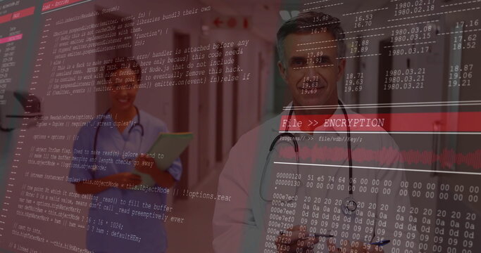 Walking senior male doctor leading colleague down hospital corridor, with tablet and code overlay