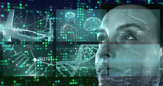 Adult woman gazing at digital panels in virtual lab, with neural pathways and DNA hologram