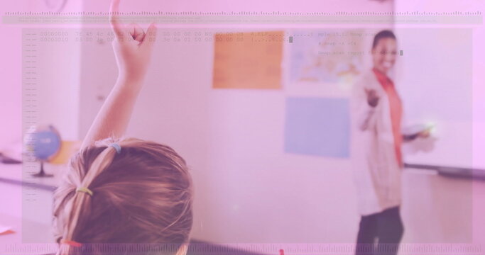 Raising hand student signaling teacher in school classroom, with whiteboard, globe and posters