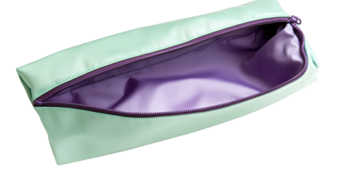 Open mint green pencil case with purple lining isolated on transparent background