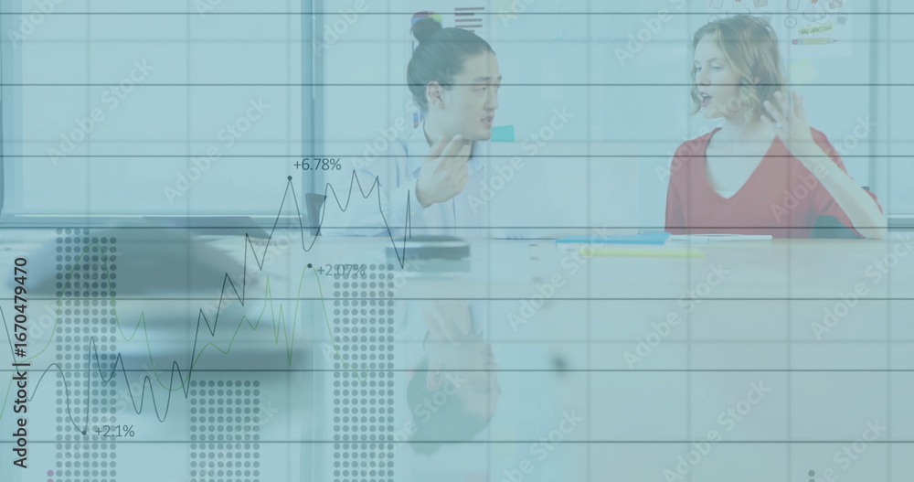 Poster discussing financial charts while colleagues analyzing data in conference room with glass-top table