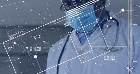 Doctor wearing lab coat and surgical mask analyzing digital overlays in hospital with head mirror