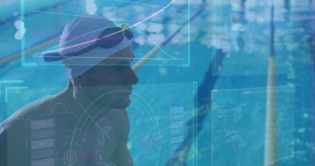 Focusing swimmer wearing swim cap adjusting mirrored goggles poolside with HUD overlays, copy space