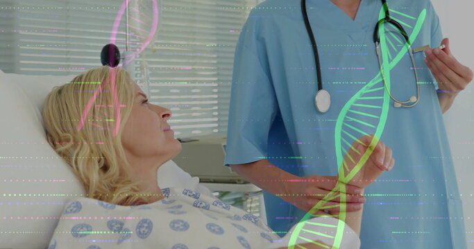 Gazing patient lying on hospital bed in hospital room, with stethoscope, DNA overlay, copy space