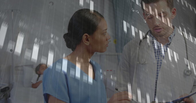 Doctor and nurse analyzing digital patient data overlay in hospital ward, with clipboard