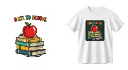 T-shirt design showcasing a return to learning with colorful books and apple