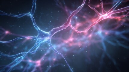 Abstract glowing neuron network with pink and blue light connections, futuristic digital brain illustration, artificial intelligence background, biotechnology and medical science visualization