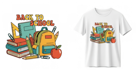 Stylish back to school design on a t-shirt, featuring school supplies