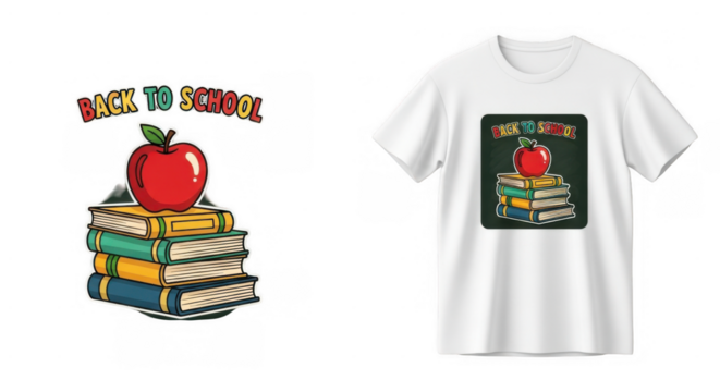 T-shirt design showcasing a return to learning with colorful books and apple