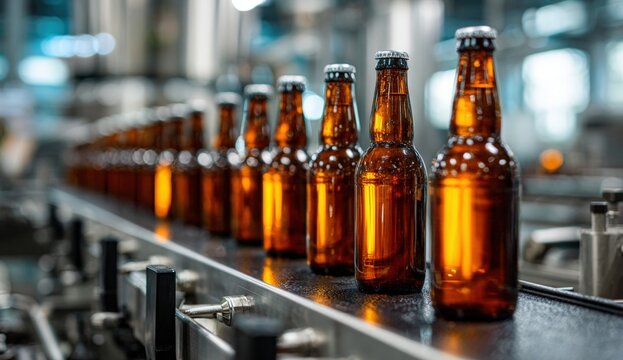 Amber bottles on a conveyor belt in a brewery (1)