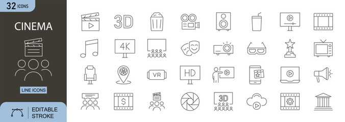 Cinema icons set. Includes icons for film, clapperboard, ticket, popcorn, seat, and screen. Editable stroke. Line icons. Perfect for infographics.