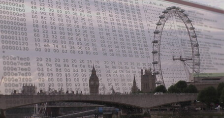 Showing London skyline with Westminster Bridge Big Ben Parliament Eye over Thames overlaid hex code