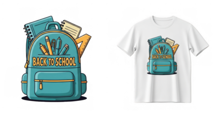 Cartoon Backpack Design for T-shirts Showcasing Back-to-School Items