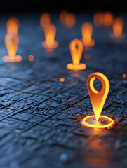 A glowing map with illuminated location markers, emphasizing navigation and digital connectivity.