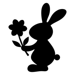 Black silhouette of an Easter bunny holding a daisy flower standing upright
