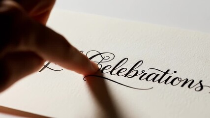 Finger touches elegant calligraphy 'Celebrations' on textured paper, bathed in soft lighting