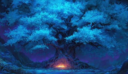 Mystical, glowing tree at night