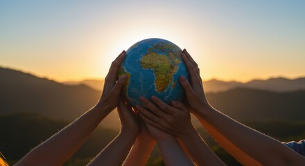 Diverse hands hold the earth globe symbolizing global unity teamwork and a sustainable future for generations to come