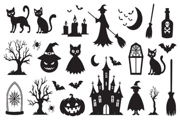 Halloween Silhouette Vector Set – Witch, Black Cat, Pumpkin, Haunted House, Bat, Ghost, and Spooky Tree Illustrations