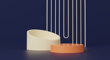 3d render, abstract podium with white and orange stage on dark blue background