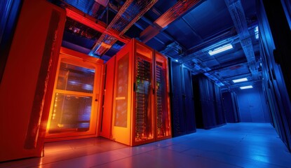 Interior of a server room lit in vibrant hues