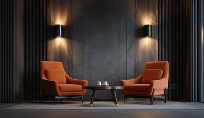 Modern lounge area with orange armchairs