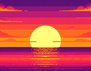 Pixelated sunset over ocean