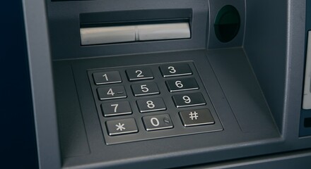 Close up ATM keypad presents a stark view of automated banking technology