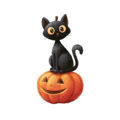 Black cat sitting on a carved pumpkin for Halloween celebration, cut out - stock png.