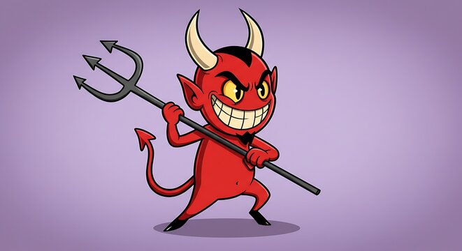 Cartoonish illustration of a mischievous red devil with a devilish smile and a trident