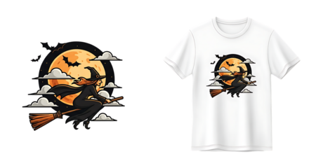 Spooky season apparel: A witch silhouette soars across the moonlit autumn sky