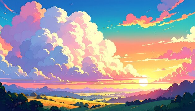 Vibrant anime landscape at sunset with fluffy clouds and rolling fields.