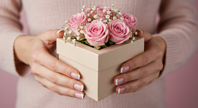 Elegant pink roses in gift box held gently by manicured hands convey love and appreciation beautifully