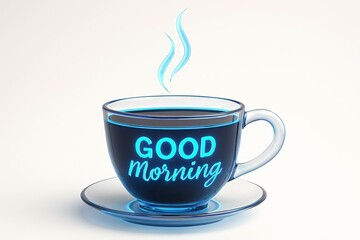 Steaming cup of coffee with neon blue good morning message on a white background