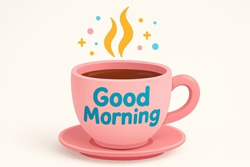 Obraz premium Pink ceramic coffee cup with good morning message and steaming hot beverage